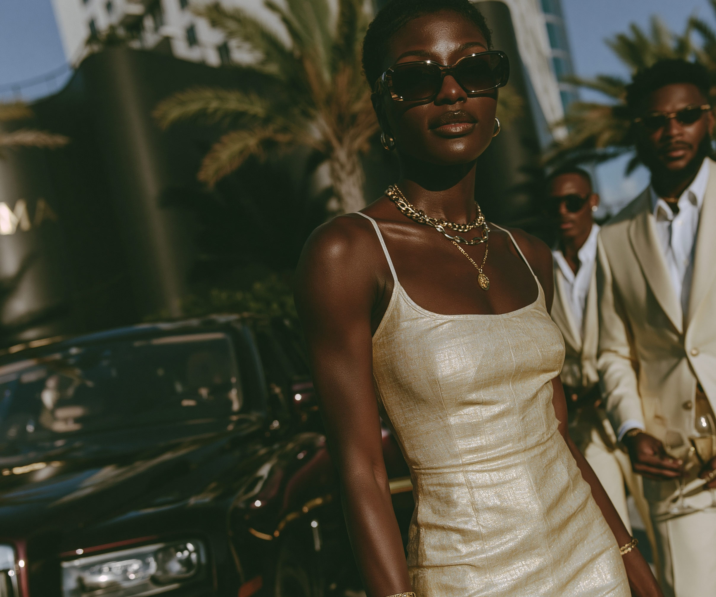 Arrival — woman in cream linen dress, palm trees behind