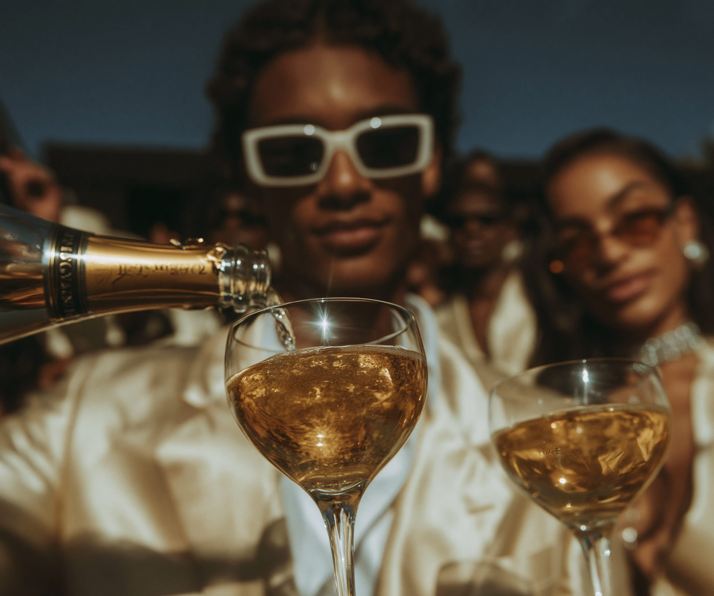 Champagne pour into coupes, crowd in cream behind