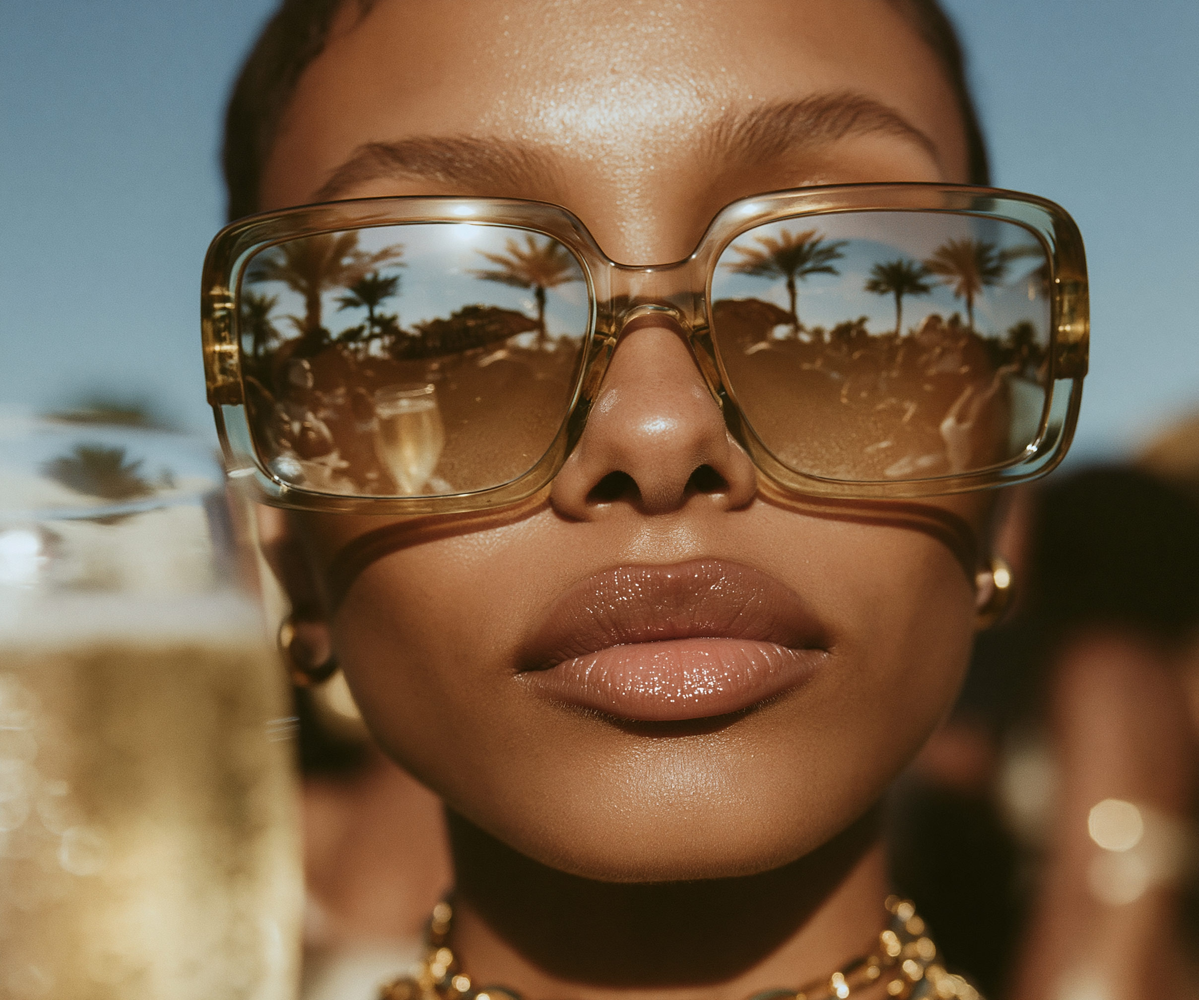 Oversized sunglasses reflecting palm trees and crowd