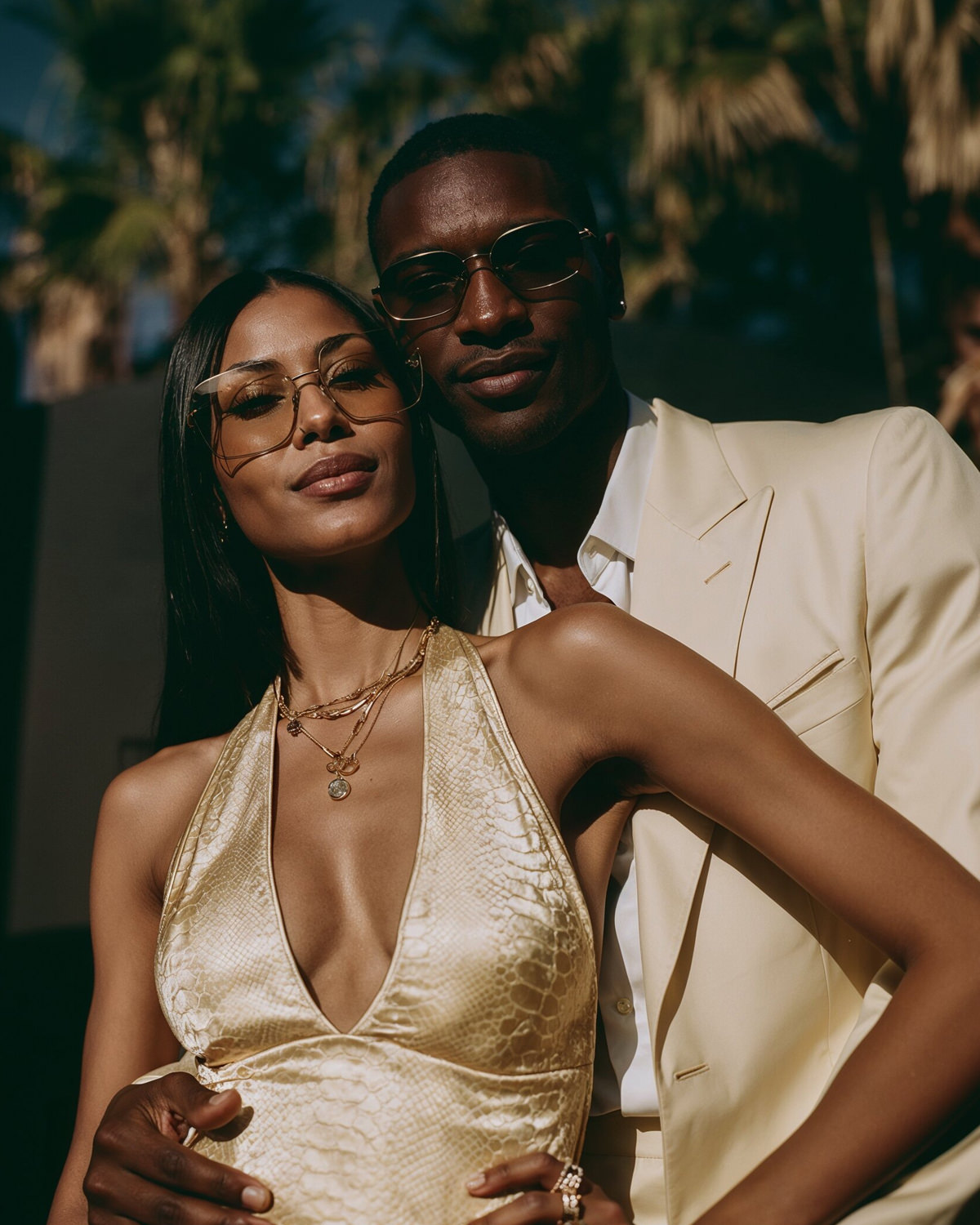 Two attendees in cream and gold against palm trees